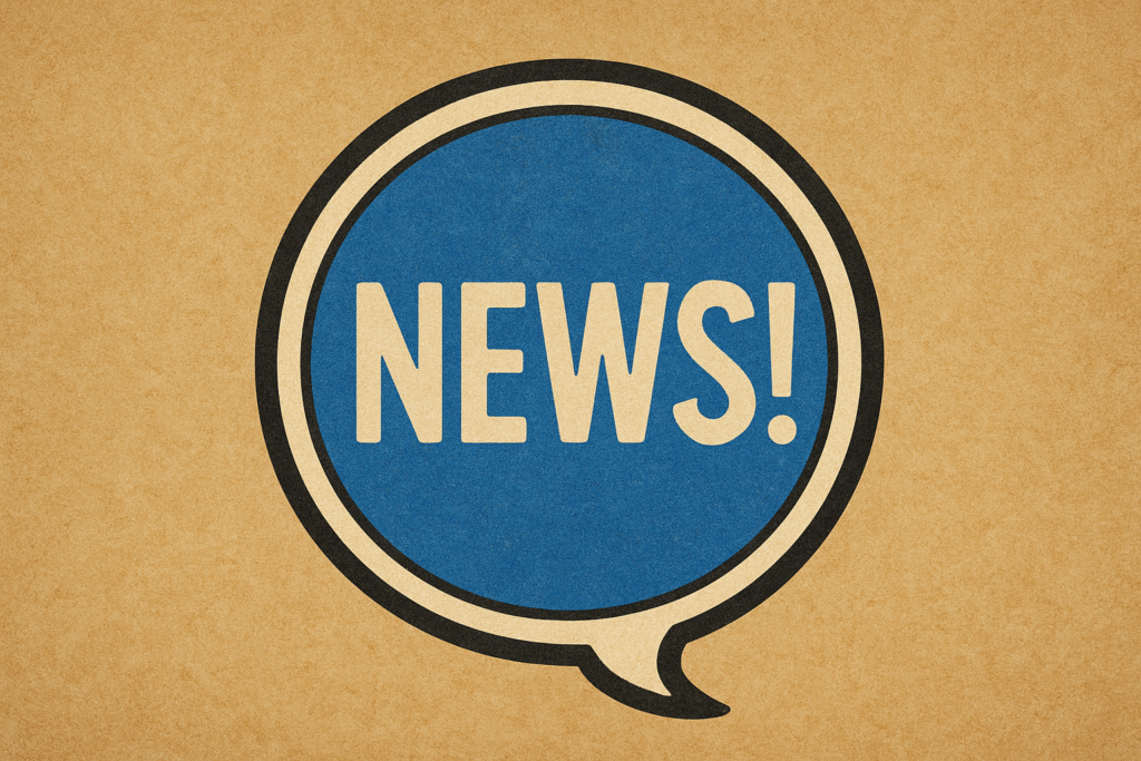 A image of a blue talking bubble with white and black borders, similar to the origo-logo with the word "News!" written inside.